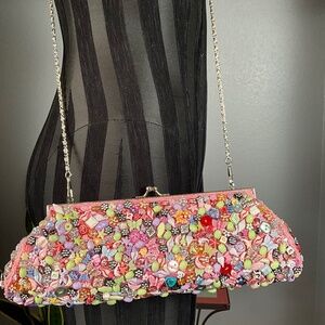 Far Nine Pink Novelty Charms Crossbody Clutch Bag Kisslock Frame Chain Strap OS